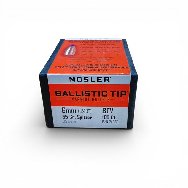 Nosler Ballistic Tip Varmint 6mm Caliber (.243"), 55 Grain Spitzer BTV Projectiles, 100 Qty