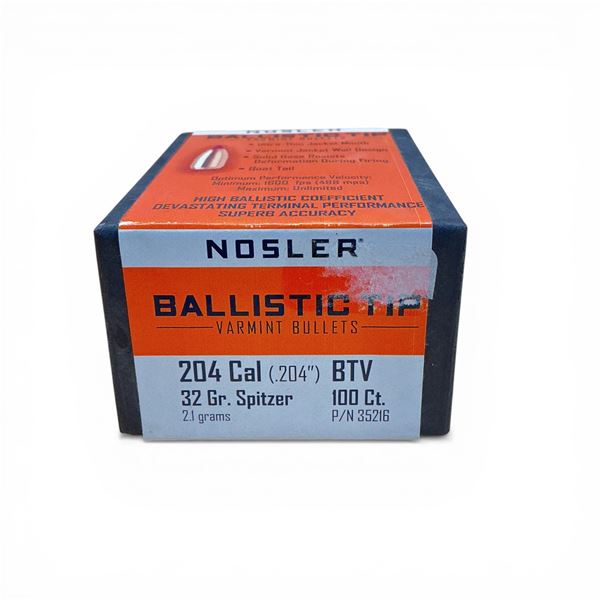 Nosler Ballistic Tip Varmint 204 Caliber (.204"), 32 Grain Spitzer BTV Projectiles, 100 Qty