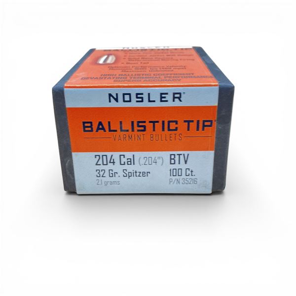 Nosler Ballistic Tip Varmint 204 Caliber (.204"), 32 Grain Spitzer BTV Projectiles, 100 Qty