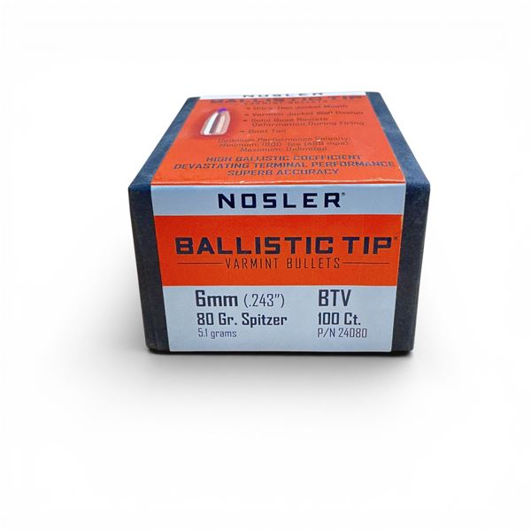 Nosler Ballistic Tip Varmint 6mm Caliber (.243"), 80 Grain Spitzer BTV Projectiles, 100 Qty
