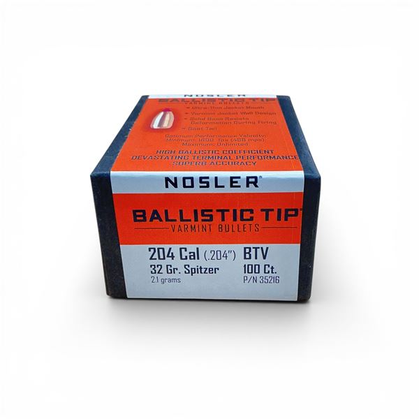 Nosler Ballistic Tip Varmint 204 Caliber (.204"), 32 Grain Spitzer BTV Projectiles, 100 Qty