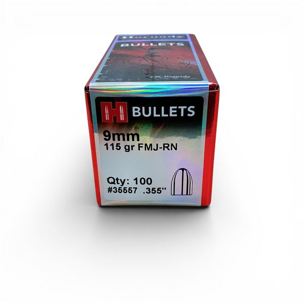 Hornady 9mm Caliber (.355"), 115 Grain FMJ-RN Projectiles, 100 Qty