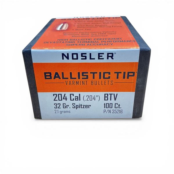 Nosler Ballistic Tip Varmint 204 Caliber (.204"), 32 Grain Spitzer BTV Projectiles, 100 Qty