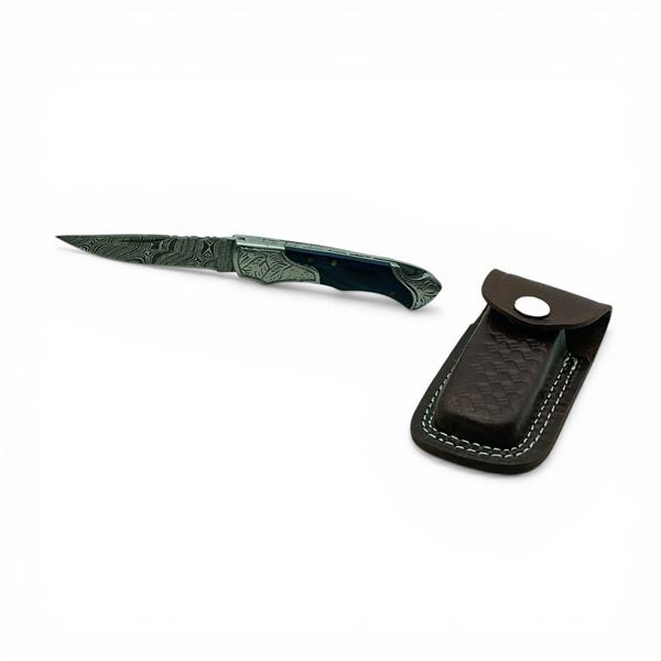 2.75" Folding Damascus Blade Knife with Leather Belt Pouch