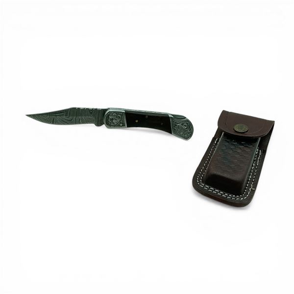 2.75" Folding Damascus Blade Knife with Leather Belt Sheath
