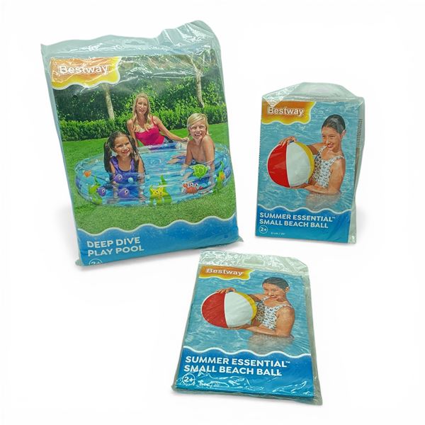 Bestway Deep Dive 60" x 12" Play Pool, New and Bestway 20" Small Beach Ball X 2 Qty, New