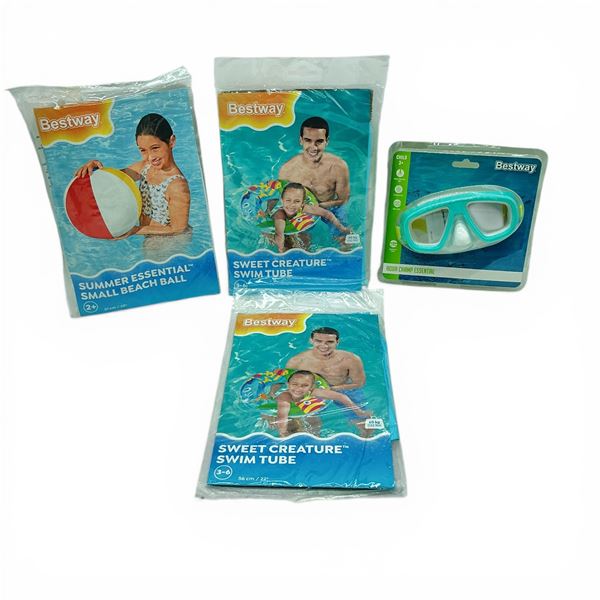 Bestway 22" Swim Tube X 2 Qty, 20" Small Beach Ball and Aqua Champ Essential Child Swim Goggles, New