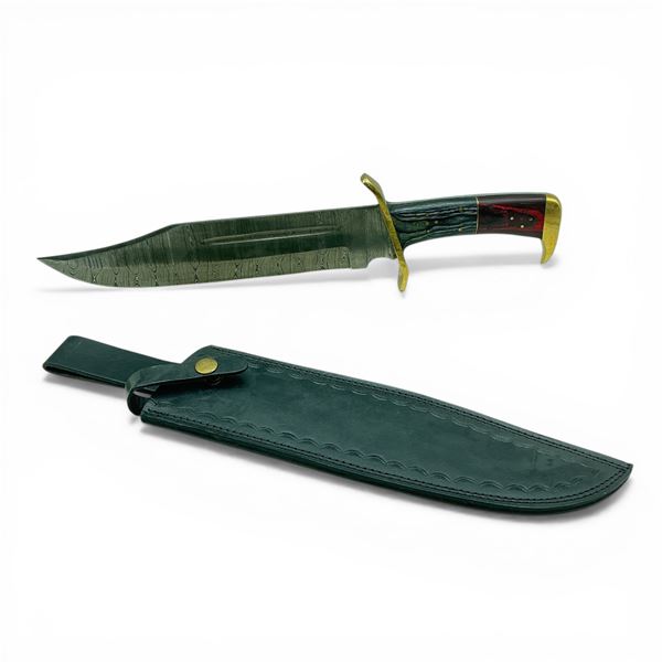 10" Fixed Damascus Blade Bowie Knife with Leather Sheath, New