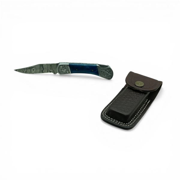 2.75" Folding Damascus Blade Knife with Leather Sheath