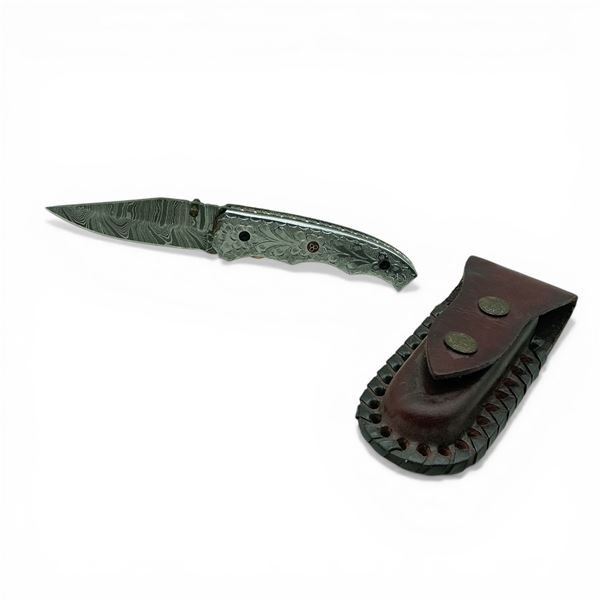 3.5" Folding Damascus Blade Knife with Leather Sheath