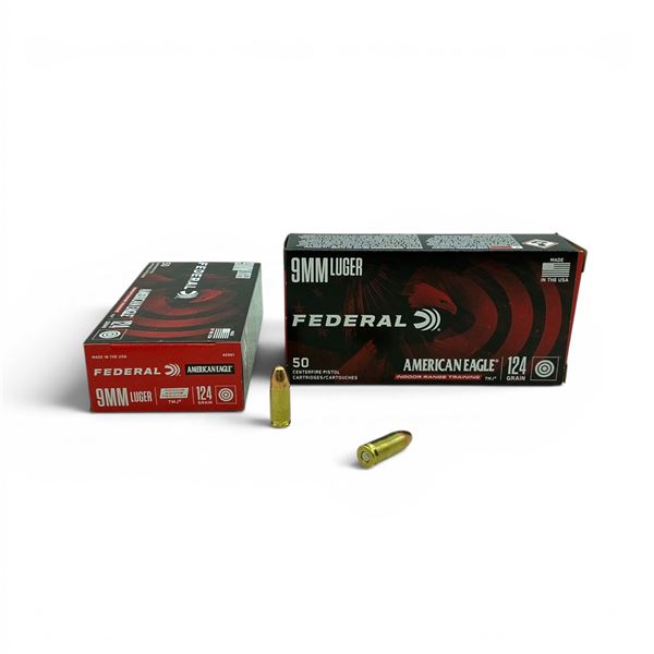 Federal American Eagle Indoor Range and Training 9 mm 124 Grain TMJ Ammunition, 100 Rounds