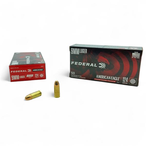 Federal American Eagle 9mm Luger, 124 Grain TMJ Indoor Range Training Ammunition, 100 Rounds