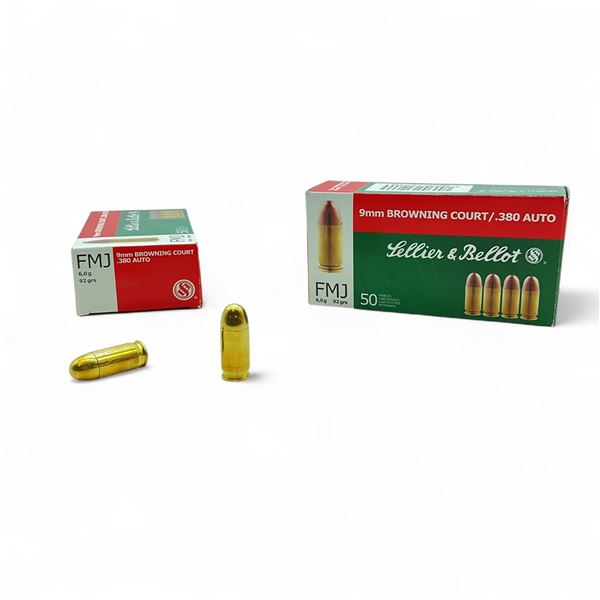 Sellier & Bellot 9mm Browning Court/ .380 Auto, 92 Grain FMJ Ammunition, 100 Rounds
