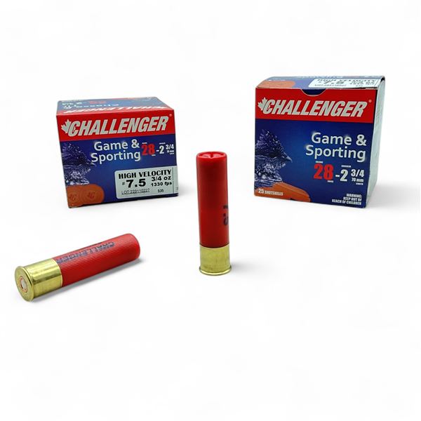 Challenger Game & Sporting 28 Ga, 2-3/4", 3/4 oz, #7.5 Shot High Velocity Ammunition, 50 Rounds