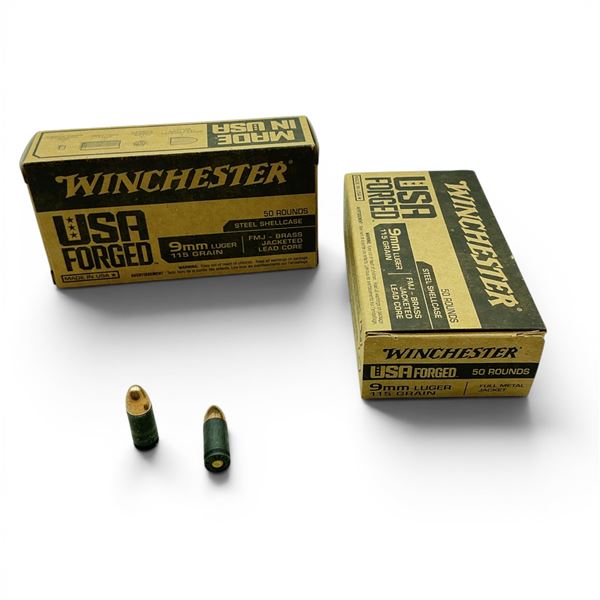 Winchester USA Forged 9 mm 115 Grain FMJ Ammunition, 100 Rounds