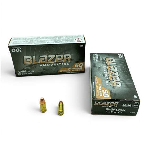 CCI Blazer Brass 9 mm 115 Grain FMJ Ammunition, 100 Rounds