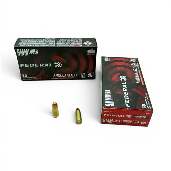 Federal American Eagle Indoor Range Training 9 mm 124 Grain TMJ Ammunition, 100 Rounds