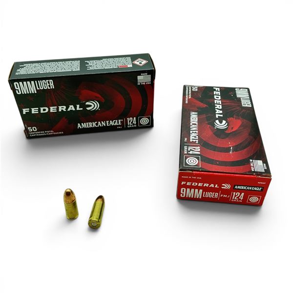 Federal American Eagle 9 mm 124 Grain FMJ Ammunition, 100 Rounds