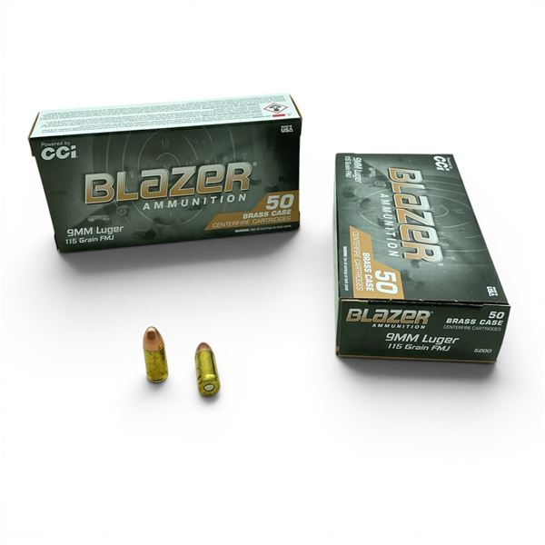 CCI Blazer Brass 9 mm 115 Grain FMJ Ammunition, 100 Rounds
