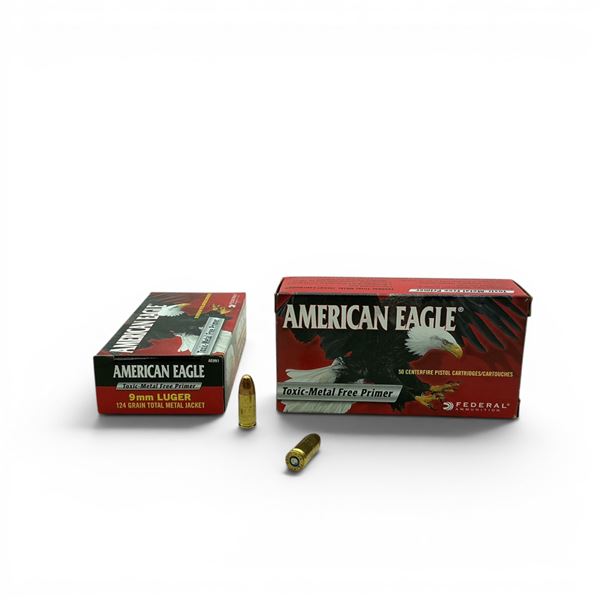 Federal American Eagle 9mm Luger, 124 Grain Total Metal Jacket Ammunition, 100 Rounds