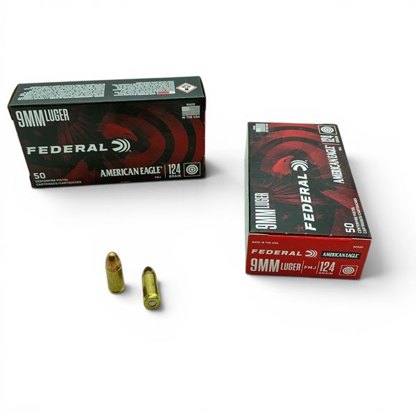 Federal American Eagle 9 mm 124 Grain FMJ Ammunition, 100 Rounds