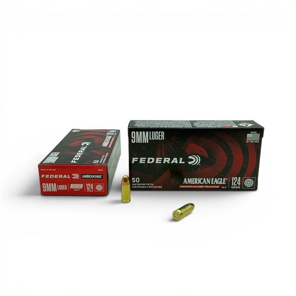 Federal American Eagle 9mm Luger, 124 Grain TMJ Indoor Range Training Ammunition, 100 Rounds
