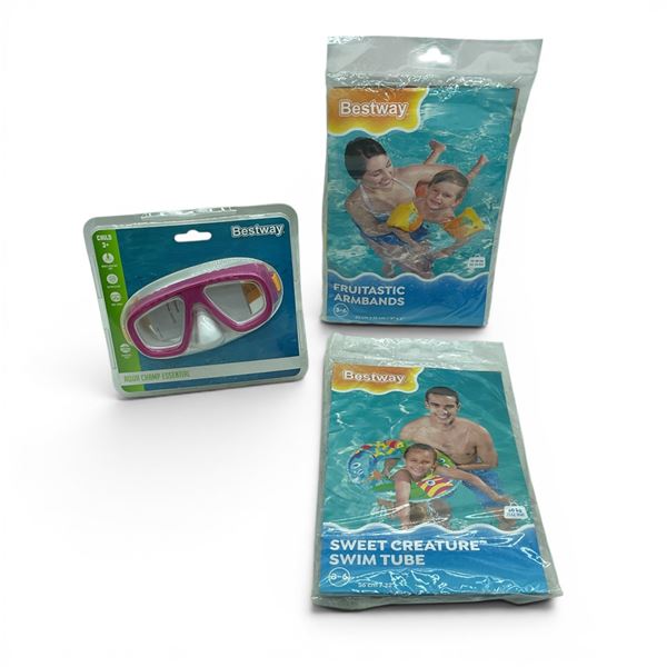 BestWay Aqua Champ Essential Goggles for 3+, Fruitastic Armbands for 3 - 6 Yr and Swim Tube, New