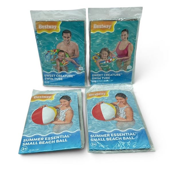 BestWay Summer Essential Small Beach Ball, 20" X 2 Qty and Sweet Creature Swim Tube, 22" X 2 Qty