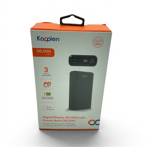 Kopplen Digital Display 30,000 mAh Power Bank (22.5w), 3 Port USB C, New