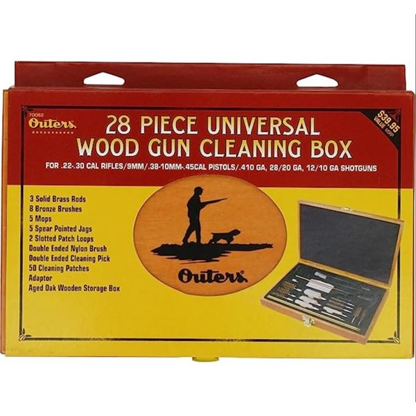 Outers 32 Piece Universal Gun Cleaning Kit with Wood Box, New