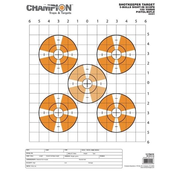 Champion Shotkeeper 5-Bull Sight-In Rifle/ Pistol 14"x18"  Targets, 12 Pack, New