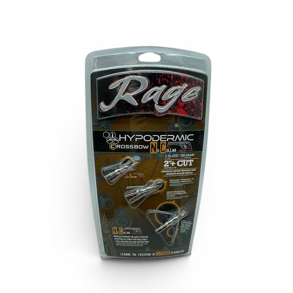 Rage Hypodermic 100 Grain, 2-Blade, Blade Lock Hunting Crossbow Broadheads, 3 Pack, New