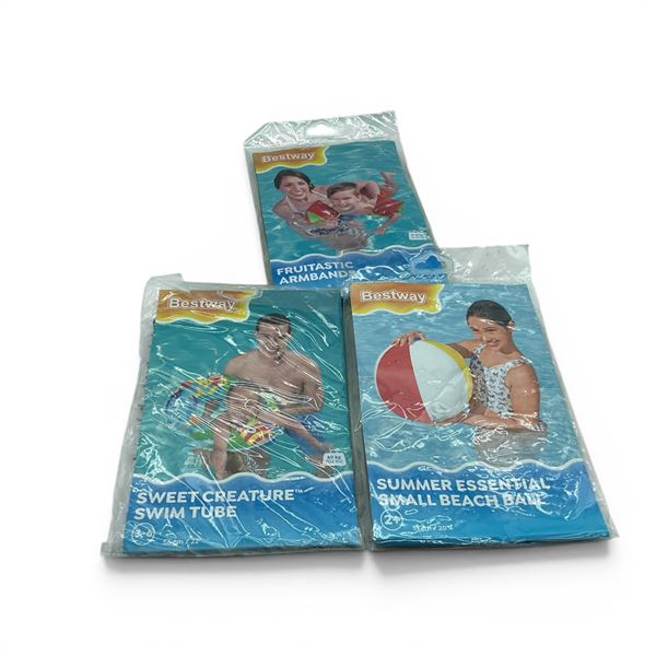 Bestway Sweet Creature Swim Tube, Fruitastic Armbands and 20" Small Beach Ball, New