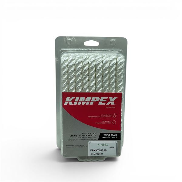 Kimpex 100% Nylon 1/2" x 15' Triple Braid Dock Line, 12" Eye Spliced, New