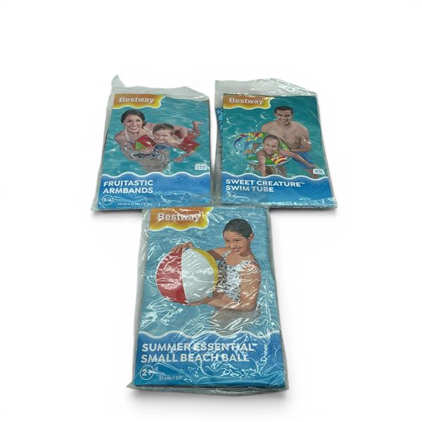 Bestway Sweet Creature Swim Tube, Fruitastic Armbands and 20" Small Beach Ball, New