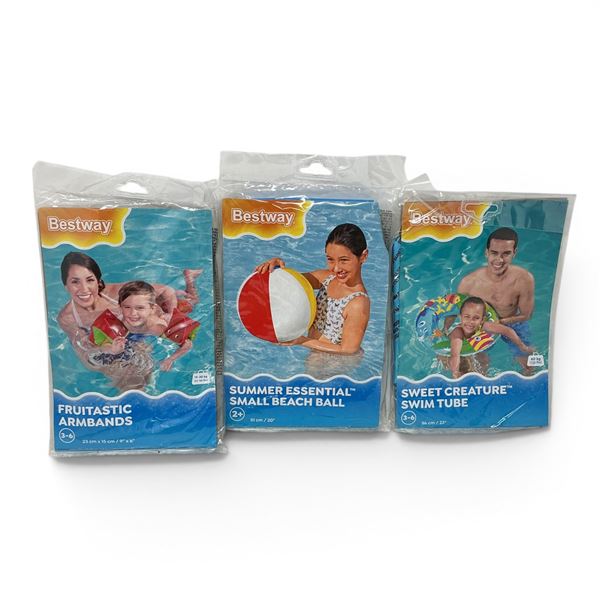 Bestway Sweet Creature Swim Tube, Fruitastic Armbands and 20" Small Beach Ball, New