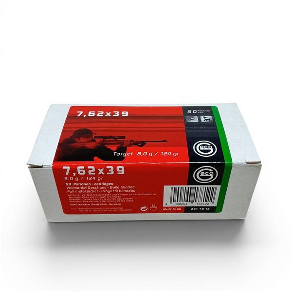 Geco 7.62 x 39, 124 Grain FMJ Ammunition, 50 Rounds