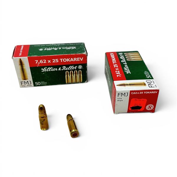 Sellier & Bellot 7.62x25 Tokarev, 85 Grain FMJ Ammunition, 100 Rounds