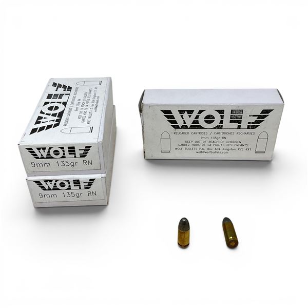 Wolf 9mm, 135 Grain RN Reloaded Ammunition, 150 Rounds
