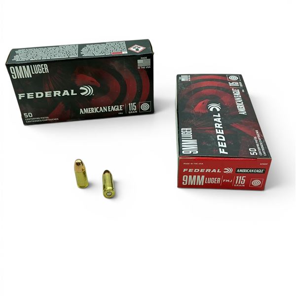 Federal American Eagle 9 mm 115 Grain FMJ Ammunition, 100 Rounds