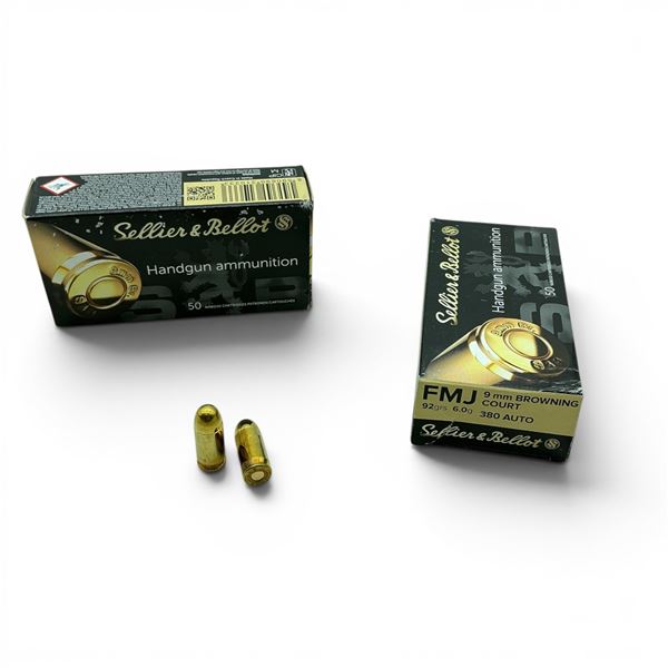 Sellier & Bellot 9 mm Browning Court/ 380 Auto 92 Grain FMJ Ammunition, 100 Rounds