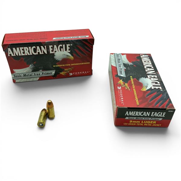 Federal American Eagle Metal Free Primer 9 mm 124 Grain TMJ Ammunition, 100 Rounds