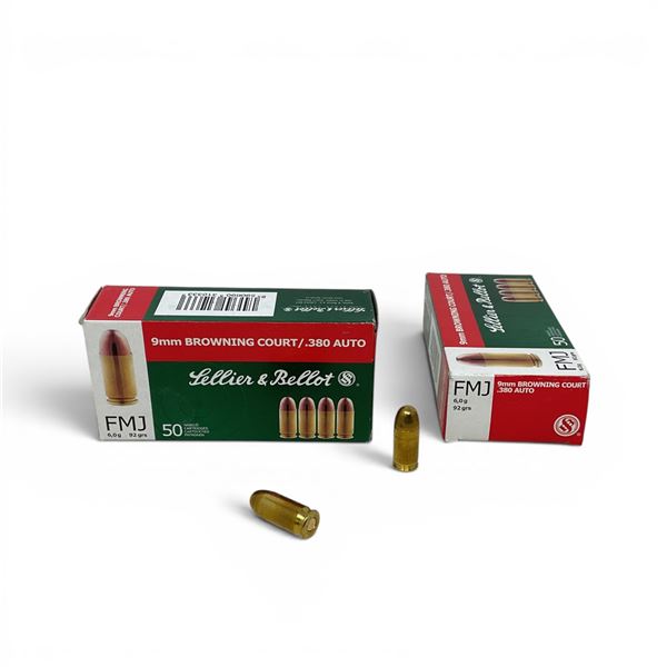 Sellier & Bellot 9 mm Browning Court/ 380 Auto 92 Grain FMJ Ammunition, 100 Rounds