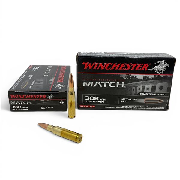 Winchester Match 308 Win 168 Grain MatchKing HPBT Ammunition, 40 Rounds