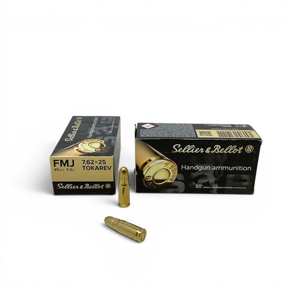 Sellier & Bellot 7.62 X 25 mm Tokarev 85 Grain FMJ Ammunition, 100 Rounds