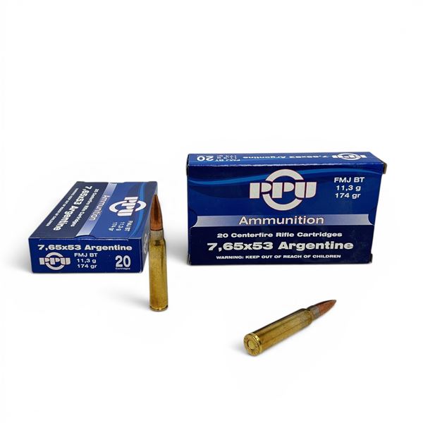 PPU 7.65 X 53 Argentine 174 Grain FMJ BT Ammunition, 40 Rounds