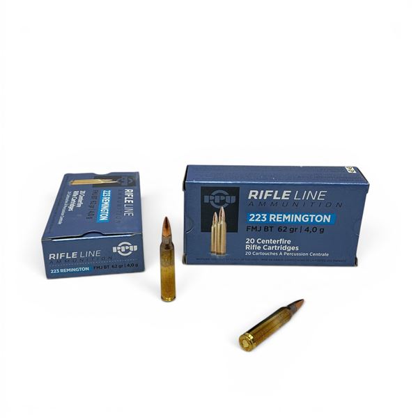PPU RifleLine 223 Rem 62 Grain FMJ-BT Ammunition, 40 Rounds