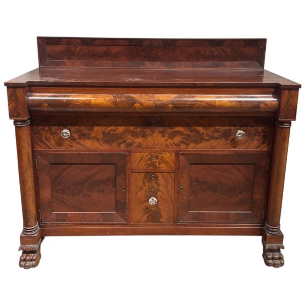 Antique Empire Style Flame Mahogany Sideboard with Glass Door Pulls Added (24" D x 60" W x 43" H)