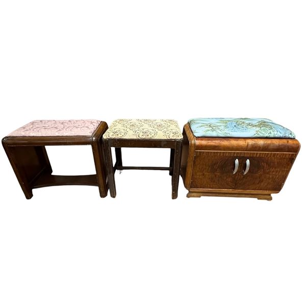 3 Vintage Wood Vanity Stools * Featuring a waterfall veneer stool with storage in the base