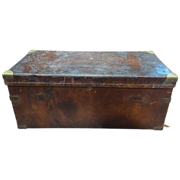 Antique Cedar Lined Leather Trunk with Brass Fittings * Hinges need repair (16" x 32" x 14: tall)